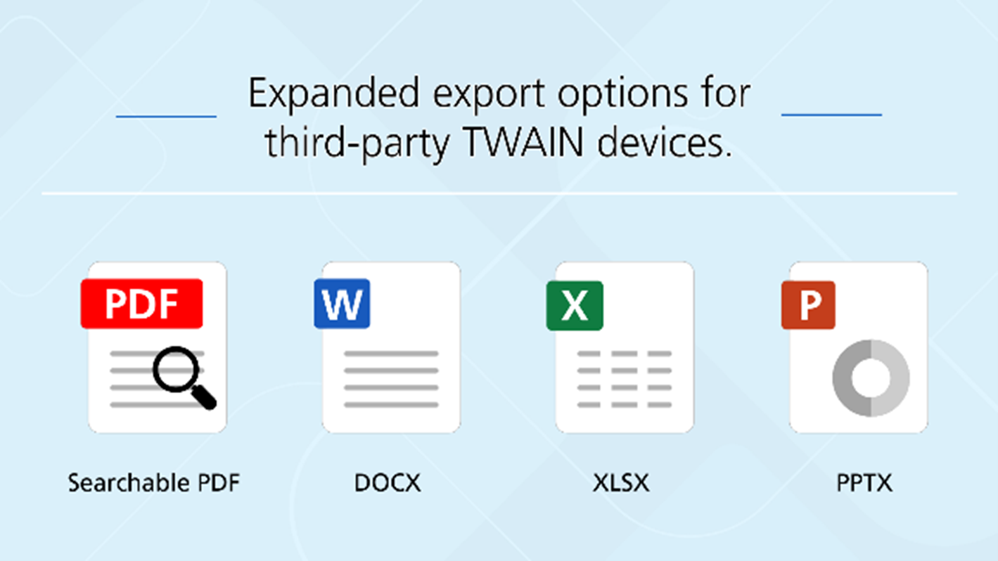 Illustration showing compatible documents including PDF, Word, Excel and PowerPoint