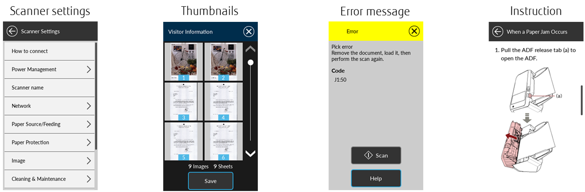 Screenshots des Bildschirms des Scanners fi-7300nx